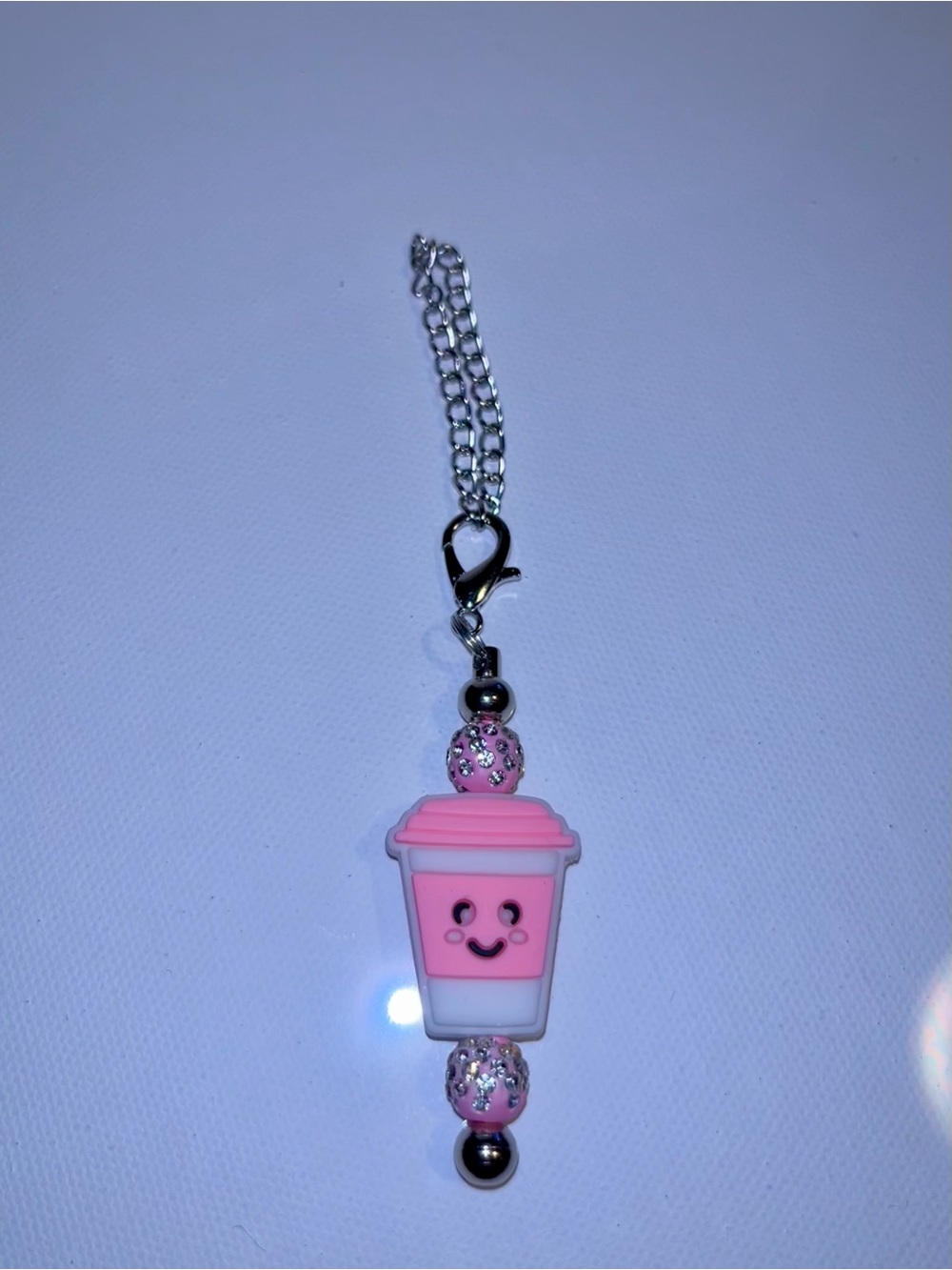 Cute Pink Smiling Coffee Cup Charm with Sparkly Accents Keychain - Picture 2 of 2